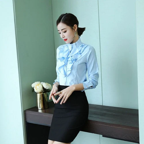 Camisa Blusa Top Oficina Dama Cuello Alto Volantes Manga Larga Calce Ajustado Formal - Imagen 12 de 23