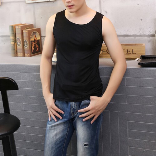 Sexy Men's 100% Pure Nature Silk Tank Sleeveless Top Knit Vest Singlet Blouse - Picture 3 of 18