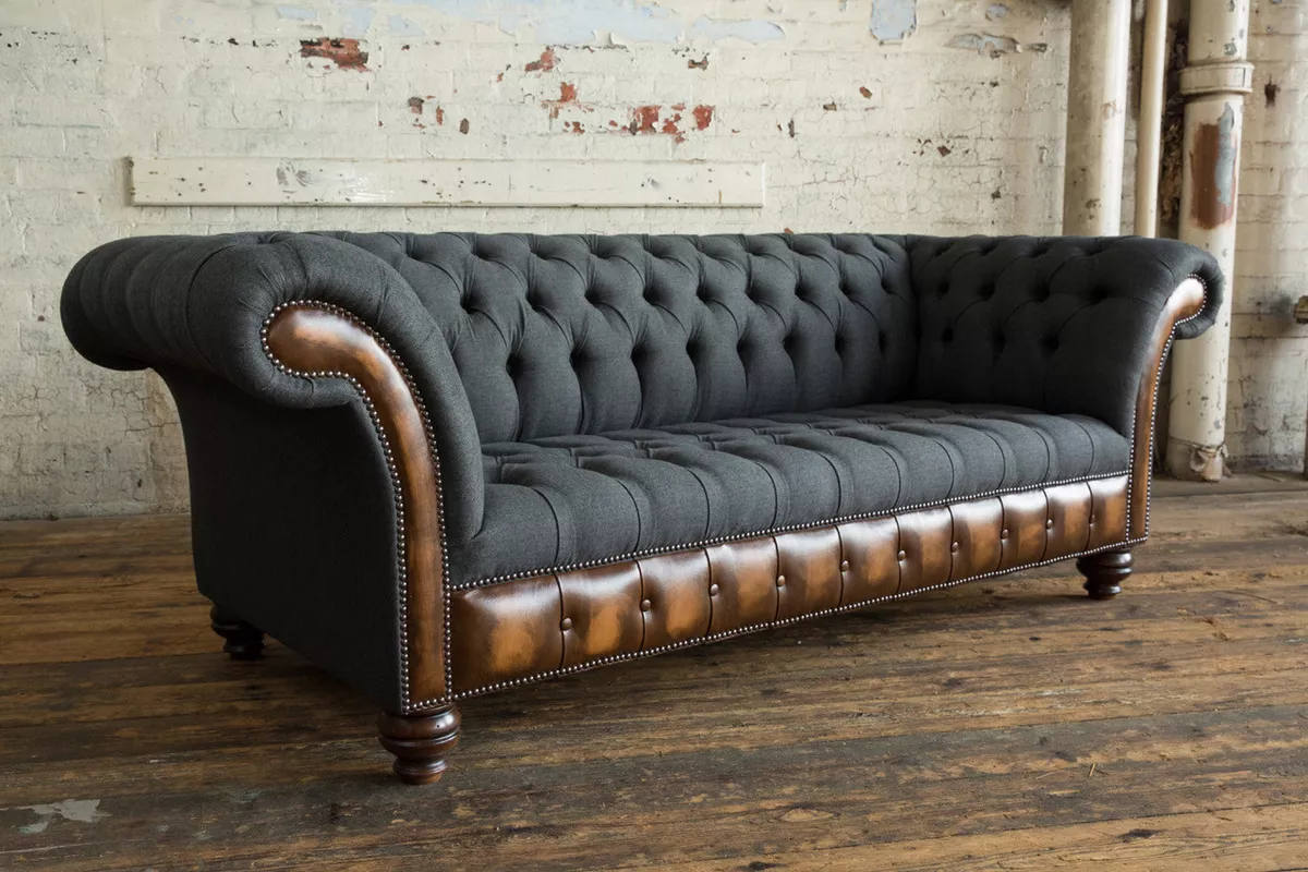 MODERN CHARCOAL GREY WOOL ANTIQUE TAN LEATHER 3 SEATER CHESTERFIELD SOFA COUCH
