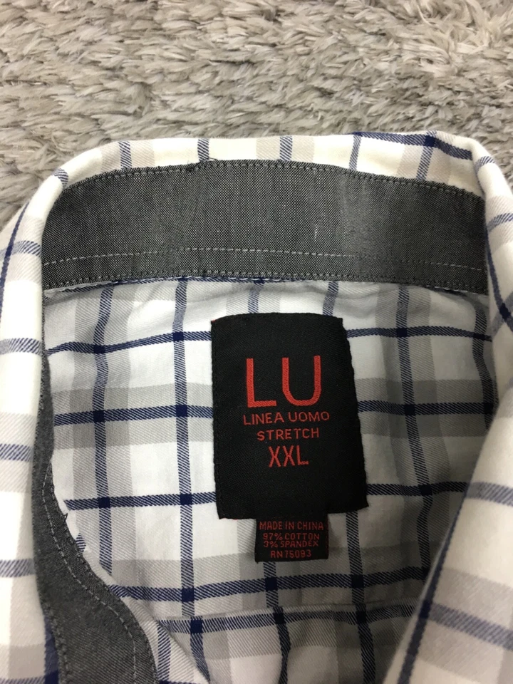 Linea Uomo Button Up Shirt Men Size XXL 2XL White Blue Plaid Long Sleeve Stretch - Image 4 of 4