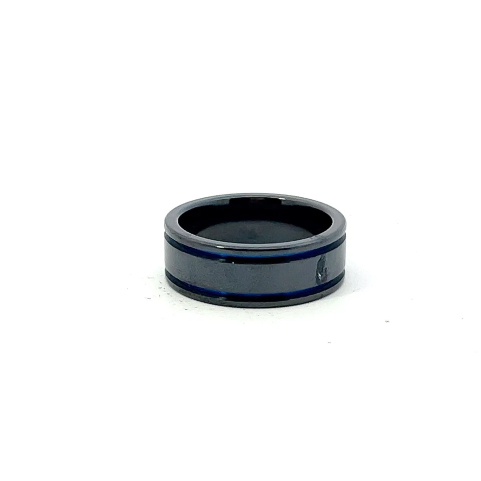 Em Edward Mirell 8mm Titanio Nero Doppio Blu Gola Fedina - Immagine 3 di 4