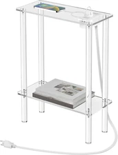 Acrylic Narrow Side Table with Charging Station, 7" Width, 2 Tier Small End Tabl
