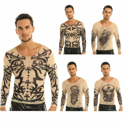 Mens Fake 3D Tattoo Print Long Sleeve T-Shirt Tops Tee Shirt Slim Costume  party