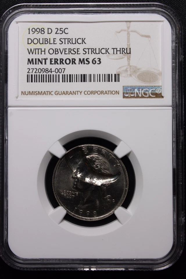 1998-D Quarter Mint Error Coin Struck thru-Double Struck SPIKE THRU GEORGES HEAD - Image 3 of 4