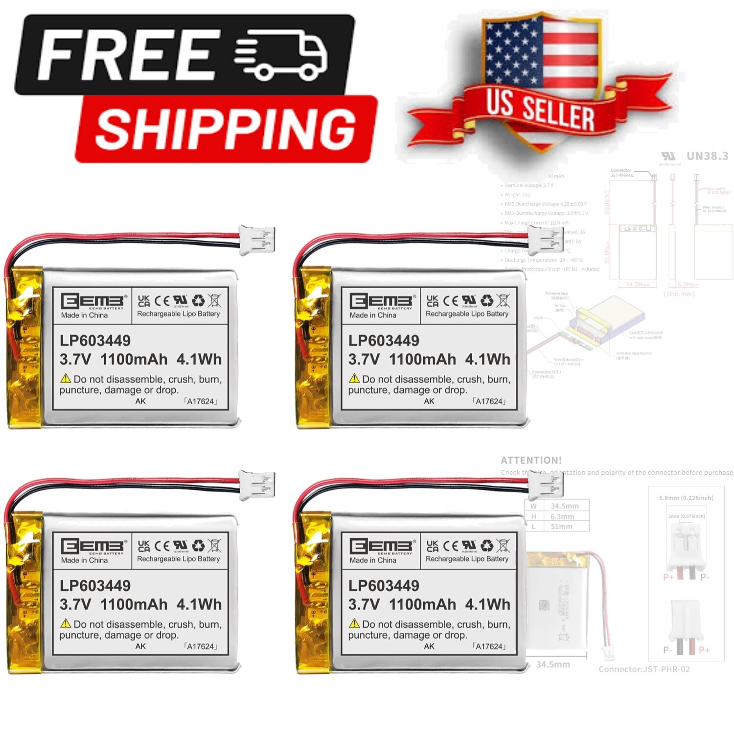 Lithium Polymer Rechargeable Batteries - 4-Pack 1100mAh for Wireless Devices-image