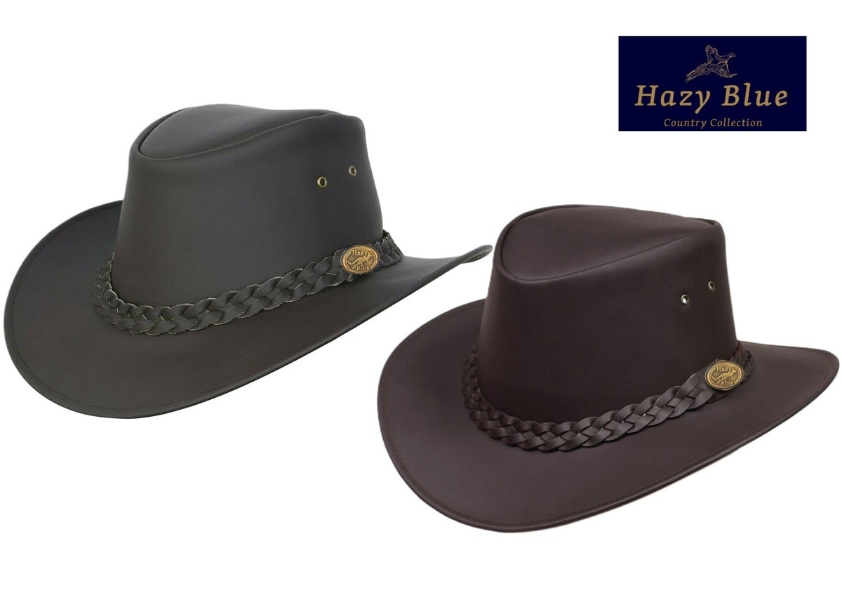 Hazy Blue Aussie Style Outback Leather Bush Wide Brim Hat