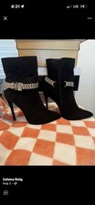 Women s Black Pointed Toe Ankle Bootie Stiletto Heel Rhinestone Buckle Zip