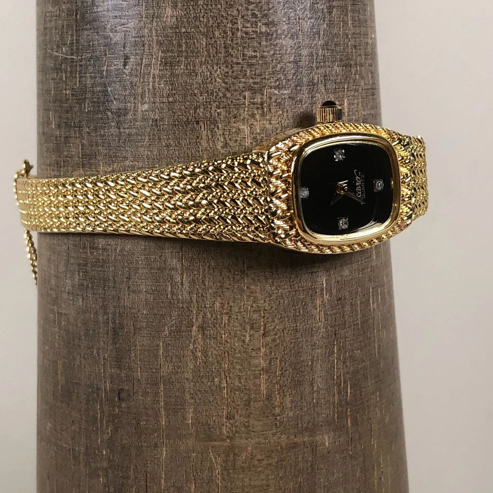 Vintage Xavier Women Dress Black Dial Gold Tone Mesh Band 18mm Watch 7" - Image 4 of 4