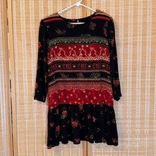 Carole Little Petite Floral Boho Border Print Rayon Shift Dress Red Black 10P