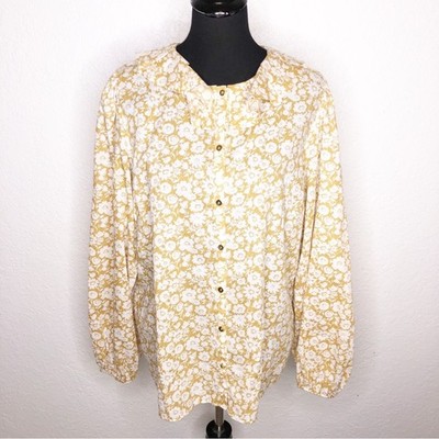 Boden gold white floral ruffle collar button down top size 14 feminine classic
