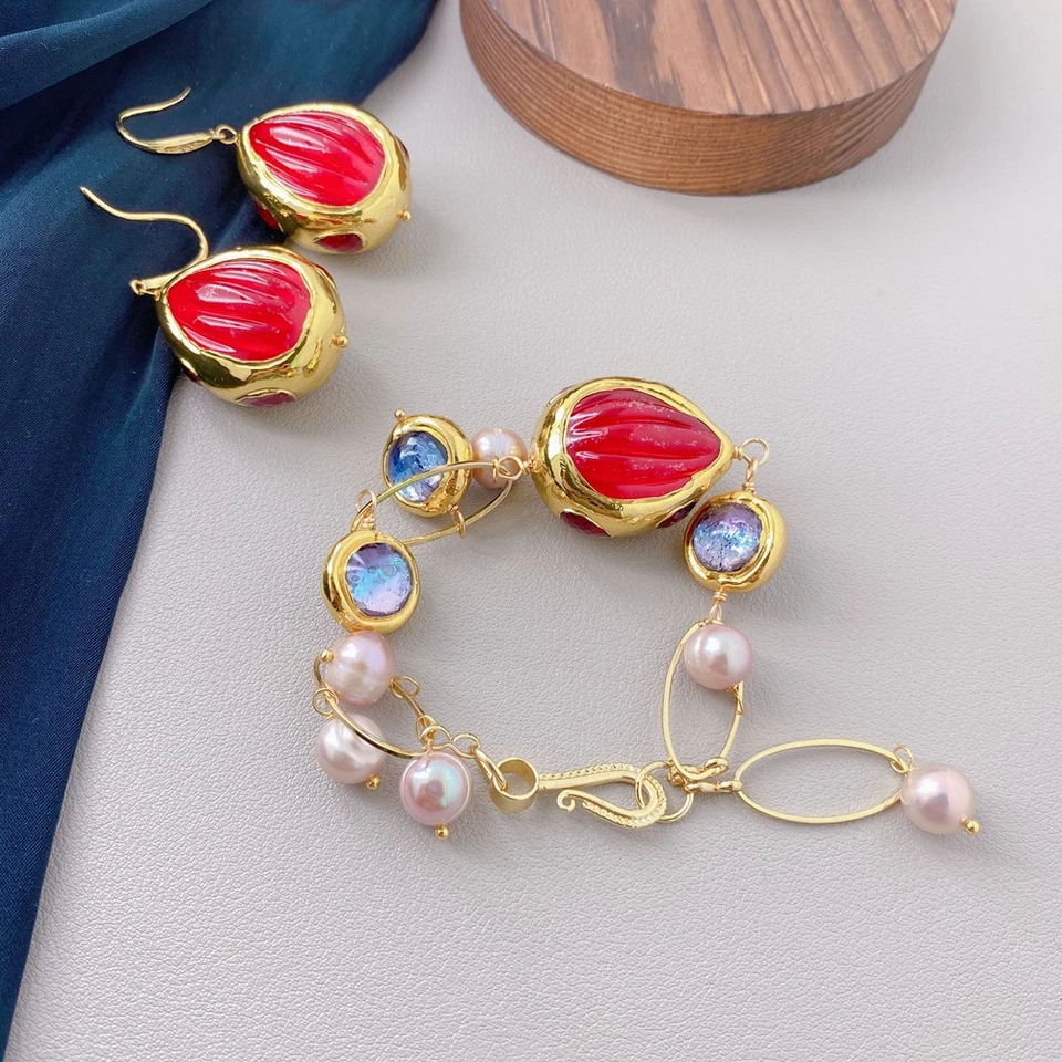 Lila Perle Murano Glas Rot Quarz Bettelarmband Ohrringe Set Boho für Damen