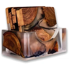 Set of 4 Unique Cedar Wood Coasters with Epoxy Holder - Perfect for Drinks