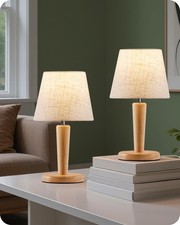 12" Wood Bedside Table Lamps Set of 2, Small Desk Lamps for Small Places, 3 C...