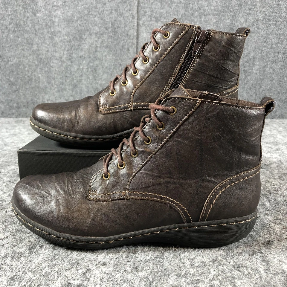 Botas Clarks femininas tamanho 7,5 M couro marrom com cadarço no tornozelo zíper lateral conforto - Imagem 3 de 4