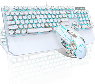 Typewriter Mechanical Gaming Keyboard and Mouse Combo, Retro Punk round Keycaps