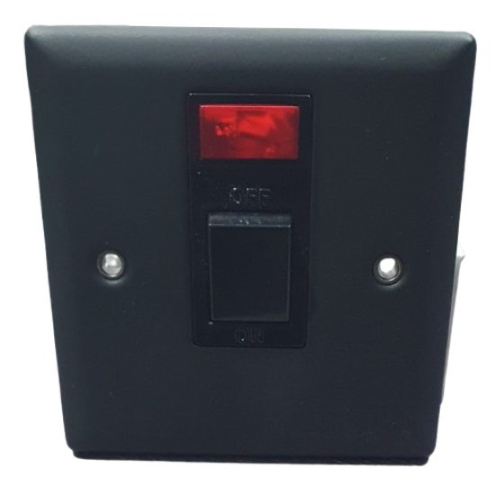 Matt Black Switch with NEON - 20amp DP - Volex Angled Edge 20a Switch Black Matt