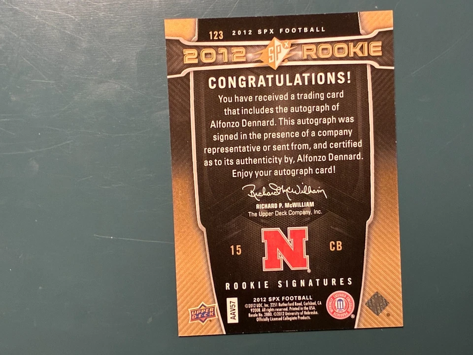 SPx 2012 - Alfonzo Dennard #123/225 (AU, RC) Rookie Auto Foto 2 de 2