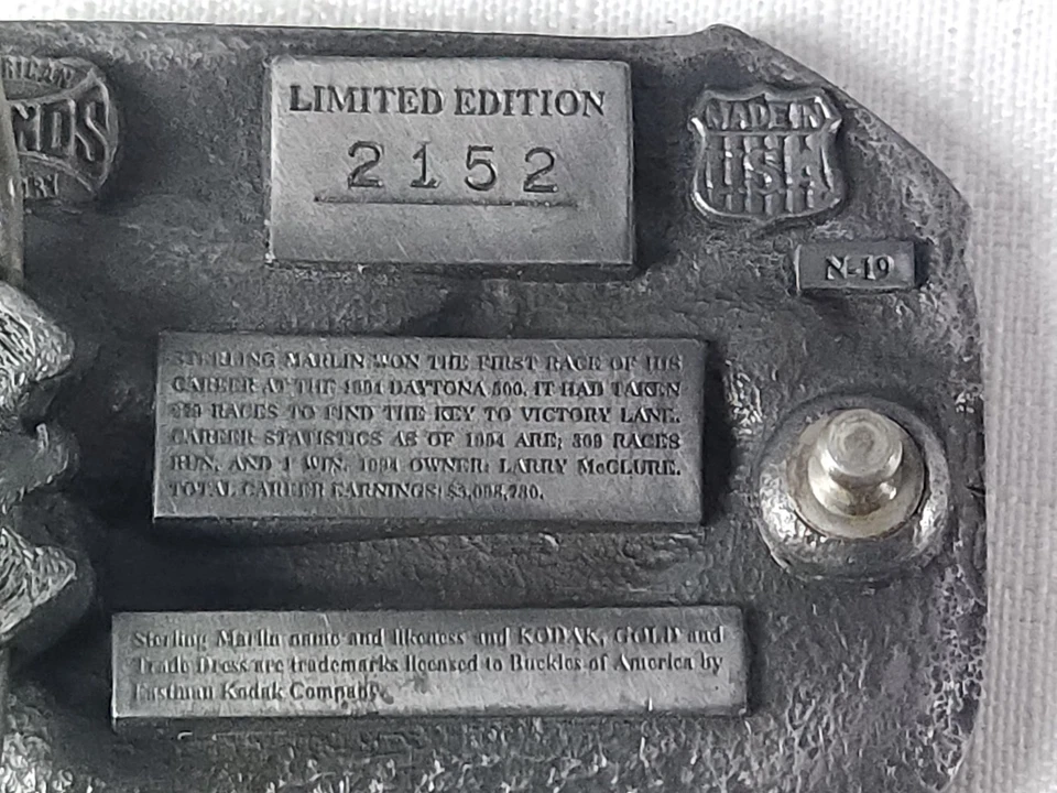 Hebilla de cinturón vintage NASCAR Sterling Marlin Peltre Racing edición limitada años 90  Foto 4 de 4