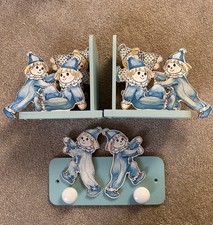 Rare CELIA DOLL CO Wooden Clown Doll Bookends And Clothes Peg.