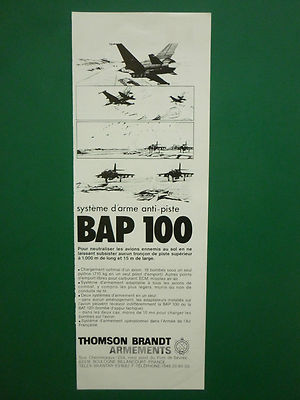 12/1985 PUB THOMSON BRANDT ARMEMENTS MIRAGE BAP 100 KRATERBOMBE ANTI PISTE AD