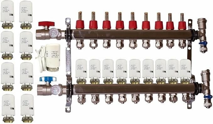 9 Loop Radiant PEX Plumbing Manifold 1" 304 Stainless Steel & 4 Wire Actuators
