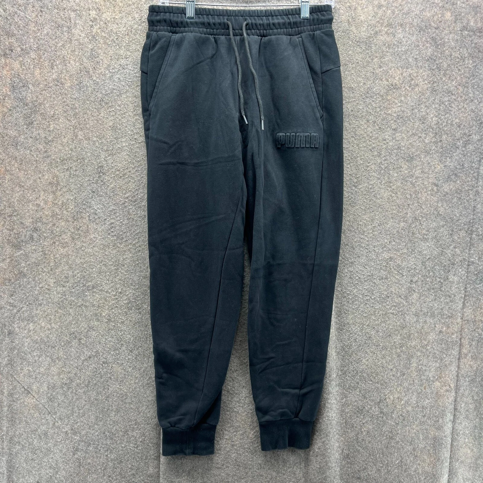 Puma Joggers Mens Small Black Athletic Fleece Embroidery Logo Sweatpants Tapered