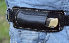 CUSTOM HANDMADE LEATHER GENIUNE HORIZENTAL SHEATH FOLDING POCKET KNIFE BUCK 110