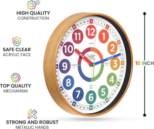 Oyster&Pop Learning Clock for Kids - Silent Telling The 10 inch, Multicolor - Picture 3 of 7