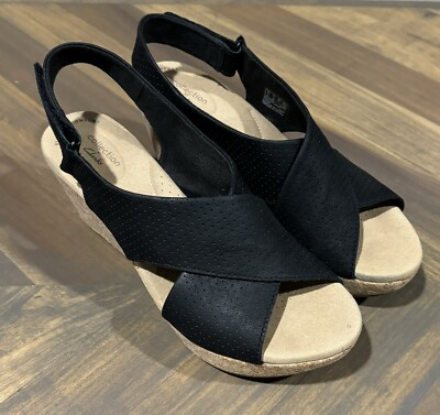 Clarks Artisan Black Suede Women's 11 Slingback Cork Wedge Sandals