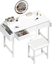 Girls Vanity Desk with Mirror and Lights Small Makeup Vanitys Set with Chair Fab