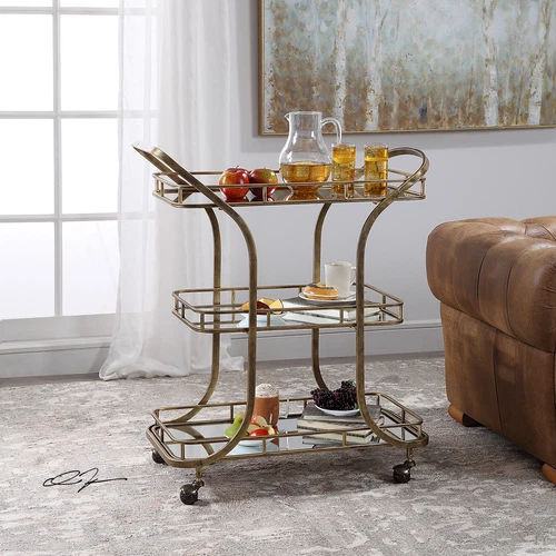 Retro Mid Century Tiered Gold Serving Bar Cart | Mirrored Shelves Rolling Wheels - Picture 2 of 7