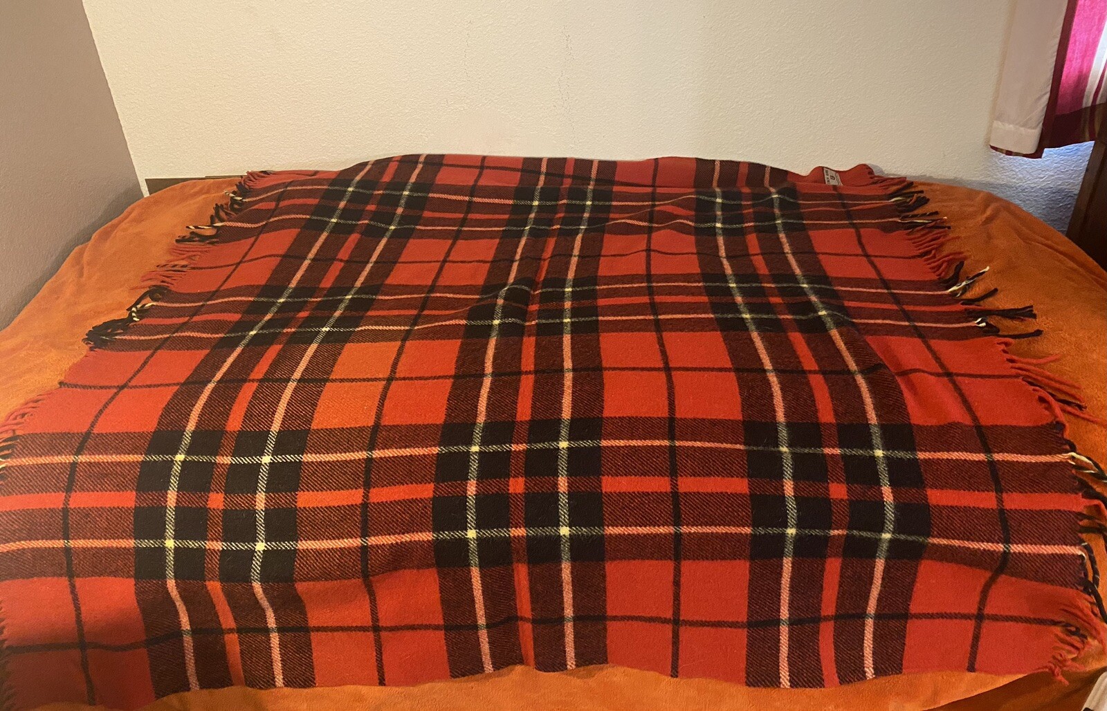 Troy Robe Vintage Wool Blanket Throw Fringed Tartan Plaid Red Black