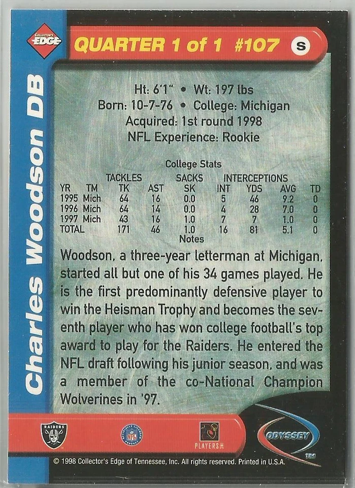 Charles Woodson 1998 Edge Odyssey 1st Quarter Rookie Card #107 - Image 2 of 2