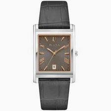 Men's Bulova Sutton Two-Tone IP Grey Leather Strap Watch  Rectangular Grey Dial
