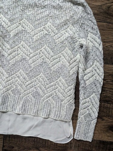 Lucky Brand Ivory Silver Metallic Crochet Sweater Contrasting Chiffon Trim Sz M - Picture 18 of 21