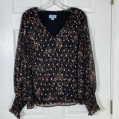 CeCe Chiffon Smocked Cuff V-Neck Foil Dot Blouse Romantic Elegant Womens Large