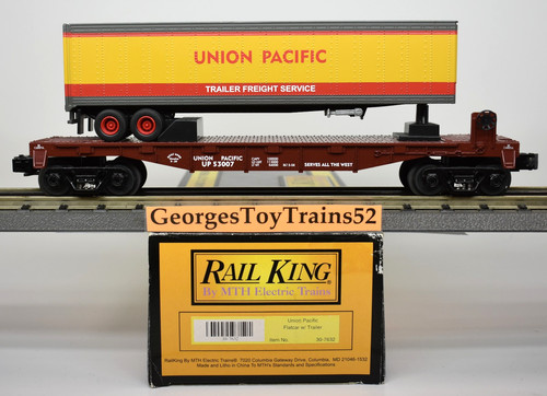 MTH RAILKING 3 RIELES O #53007 UP UNION PACIFIC VAGÓN PLANO CON REMOLQUE 30-7632 NUEVO EN CAJA | Condition: Used