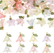 32Pcs Acrylic Flower Pendants Lily Floral Plastic Dangle Charms W/ Pearl Beads
