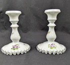 Fenton Silver Crest Violets in The Snow Candlesticks Pair Of 2 Milk Glass Vtg
