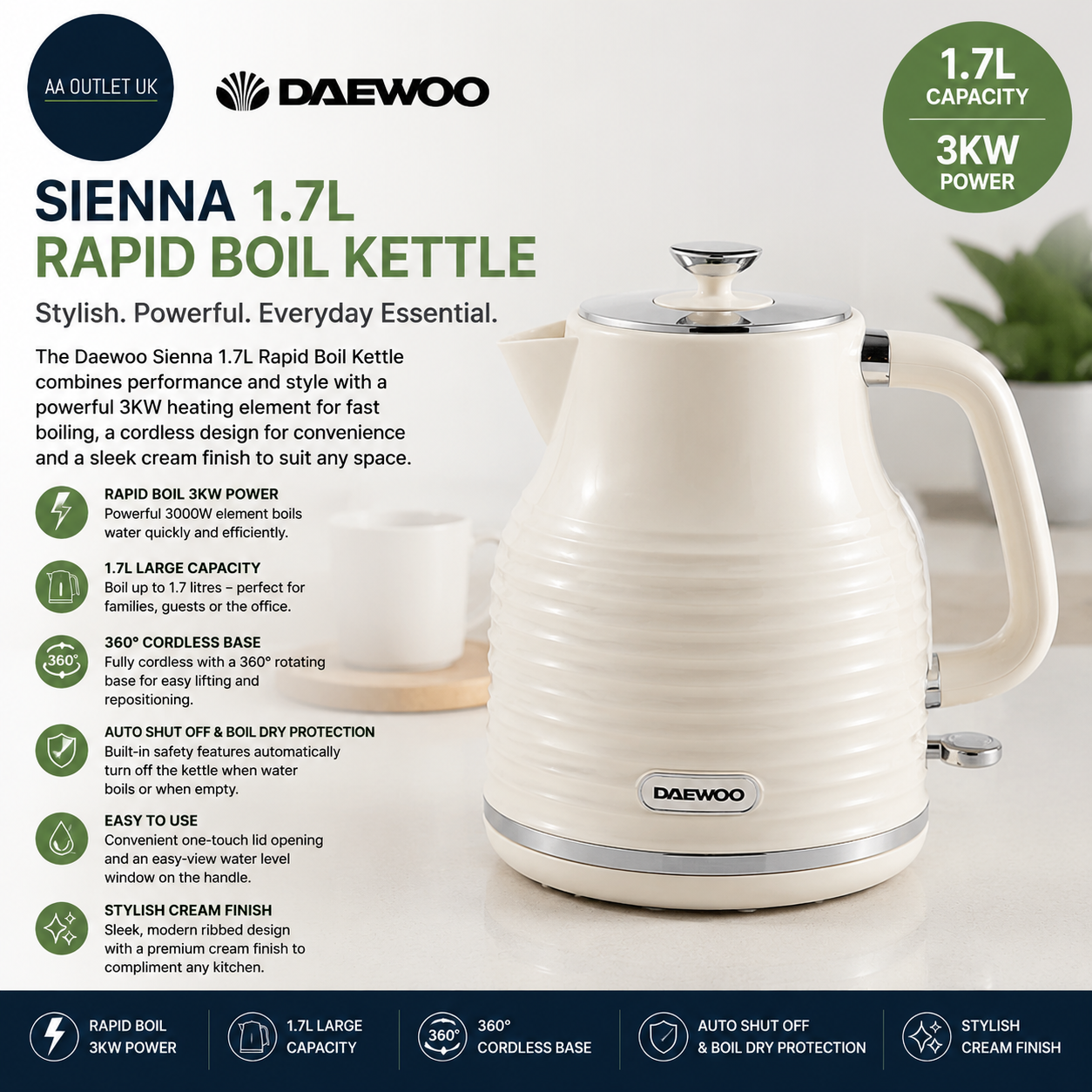 Daewoo Sienna 1.7L Rapid Boil Kettle 3KW Cordless Electric 360 Base Cream