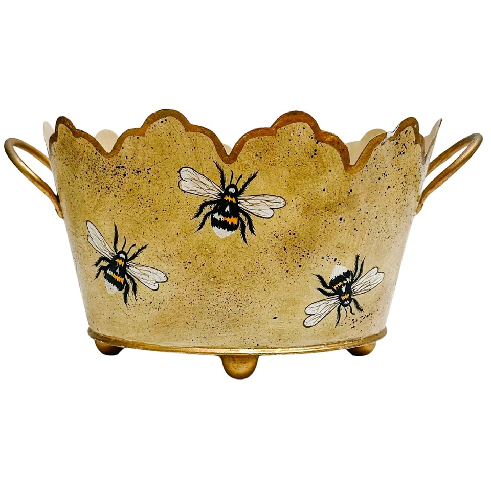 Vintage Gold French Country Tole Cachepot With Bees 12.5"L Jardiniere Planter - Image 2 of 4