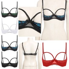 Womens Floral Lace Open Nipple Bra See Through Split Unlined Bralette Balconette