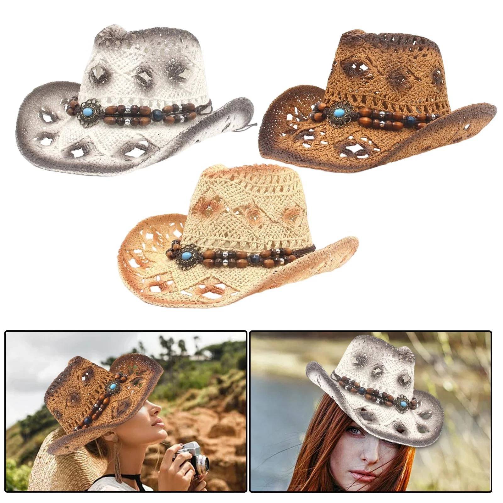 Straw Cowboy Hat, Sombreros Vagueros Classic, Sun Hat Cowgirl Hats, for Women