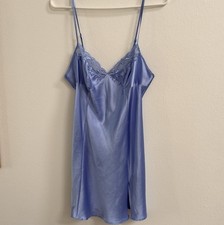 Victoria Secret Sz Medium Nightie Blue Satin Lace Slip Babydoll Nightgown