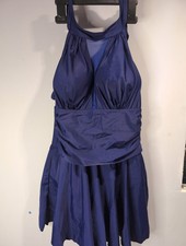 Women's Swimdress Navy Blue Size S High Neck Tummy Control Skirt Swimsuit Mesh