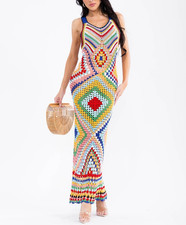 Sleeveless Multi Print Knitted Crochet Bodycon Maxi Dress V-Neck Racerback S M L