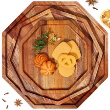 3 Pieces Acacia Wood Serving Tray Wooden Octagon Bread Fruit Platter Large De...