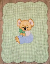 Vtg Handmade Spring Mills Koala Bear Green Gingham Baby Blanket Quilt 42 x32