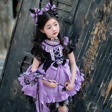 Kid Girl Kuromi Lolita Princess Dress Cute Lace Summer Skirt W/Headband Necklace
