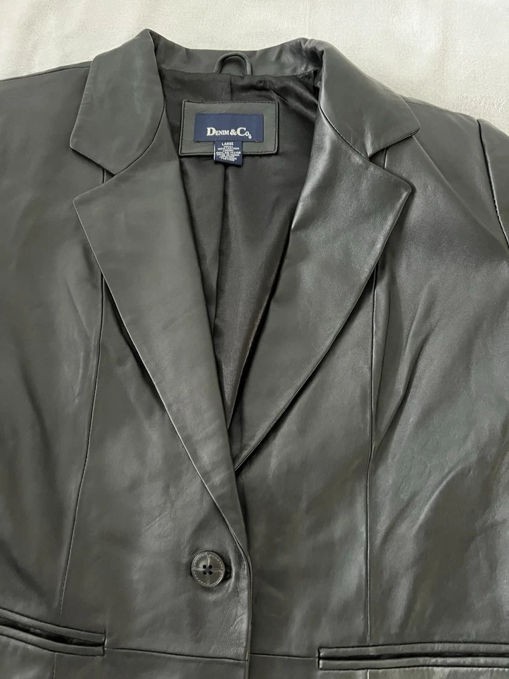 Chaqueta Blazer Vintage Denim & Co 100% Cuero Para Mujer Grande Negra Moto Clásica Foto 3 de 4